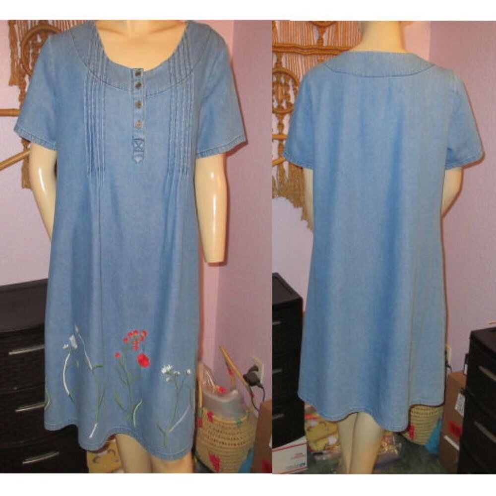 Vtg Country Store Pintuck Denim Dress Size S Embroidered Casual Cottage Tradwife